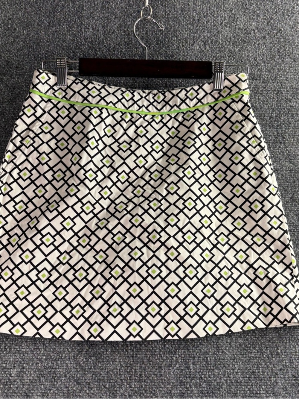 Fairway & Greene White A-Line Skirt with Black Geometric Print and Lime Accents